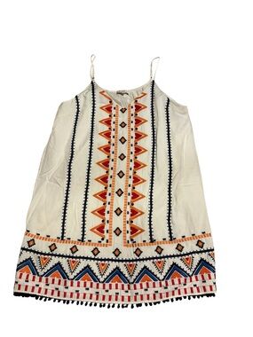 A.E.L.Y Los Angeles Embroidered Pom Trim Boho Mini Dress Medium